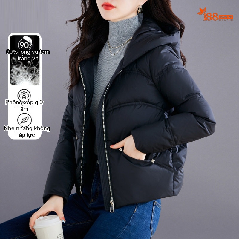 Áo Khoác Phao Nữ Lông Vịt Trắng Dáng Ngắn Có Mũ Trùm Đầu Thời Trang Màu Đen