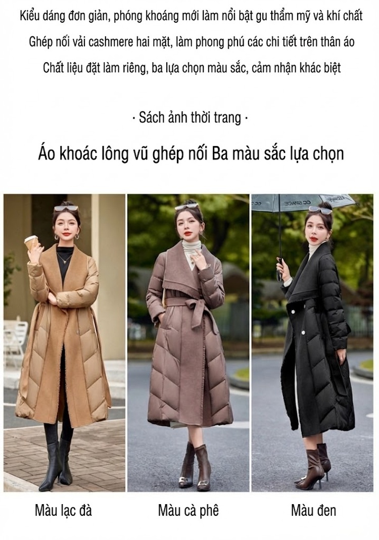 Áo Khoác Phao Nữ Lông Vũ Áo Khoác Dạ Hai Mặt Dáng Dài Thắt Eo Màu Nâu, Đen, Be chi tiết 2