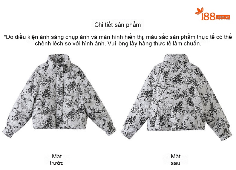Áo Khoác Phao Nữ Lông Vũ Dáng Ngắn Cổ Trụ In Họa Tiết Màu Trắng Kem, Đen chi tiết 32
