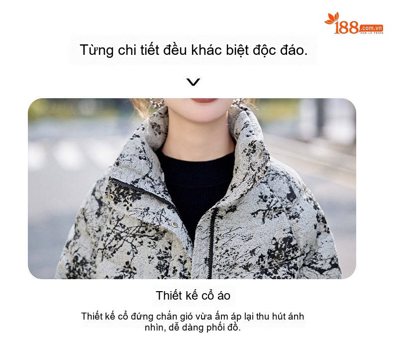 Áo Khoác Phao Nữ Lông Vũ Dáng Ngắn Cổ Trụ In Họa Tiết Màu Trắng Kem, Đen chi tiết 9