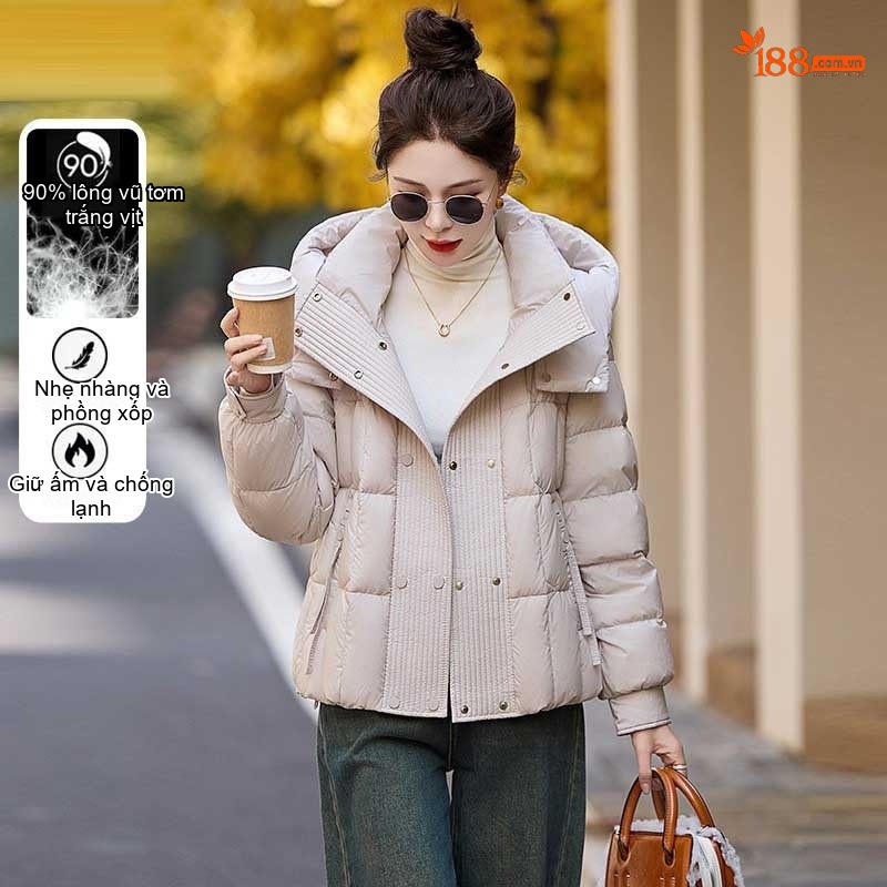 Áo Khoác Phao Nữ Lông Vũ Ngắn Dáng Nhỏ Có Mũ Trùm Đầu Ấm Áp Màu Kem, Nâu