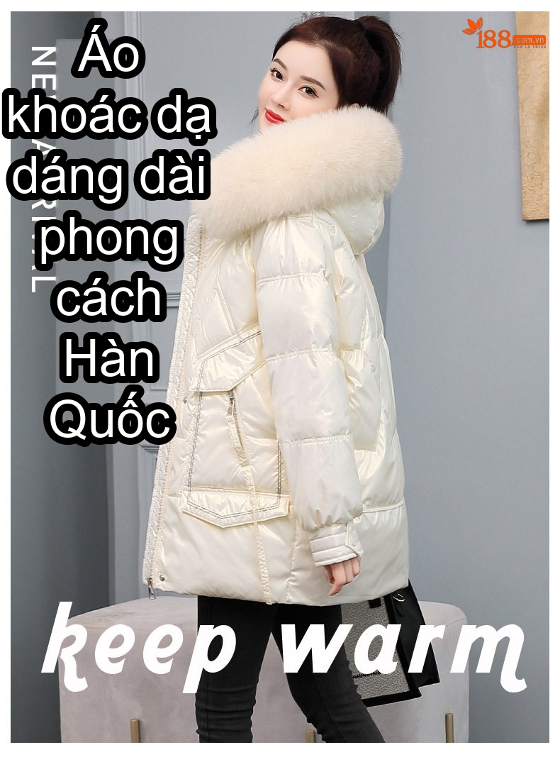 Áo Khoác Phao Nữ Lót Cotton Dáng Dài Vừa Vặn Mũ Lông Màu Đen, Trắng chi tiết 1