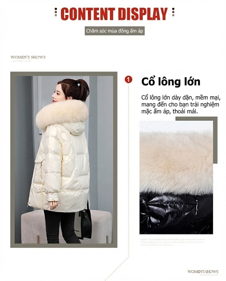 Áo Khoác Phao Nữ Lót Cotton Dáng Dài Vừa Vặn Mũ Lông Màu Đen, Trắng chi tiết 2