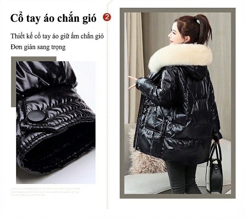 Áo Khoác Phao Nữ Lót Cotton Dáng Dài Vừa Vặn Mũ Lông Màu Đen, Trắng chi tiết 3