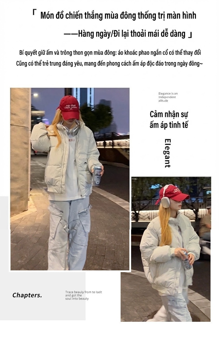 Áo Khoác Phao Nữ/Nam Dáng Ngắn Tay Dài Phong Cách Đường Phố Màu Đen, Trắng, Hồng, Xám chi tiết 6