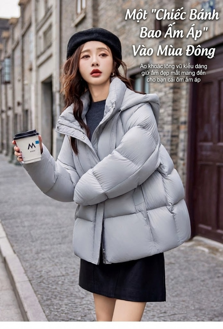 Áo Khoác Phao Nữ Ngắn Dáng Bánh Mì Có Mũ Trùm Đầu Lót Lông Vịt Dày Ấm Áp Màu Trắng, Đen, Xám chi tiết 2