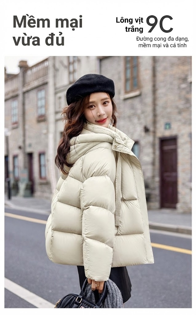 Áo Khoác Phao Nữ Ngắn Dáng Bánh Mì Có Mũ Trùm Đầu Lót Lông Vịt Dày Ấm Áp Màu Trắng, Đen, Xám chi tiết 3