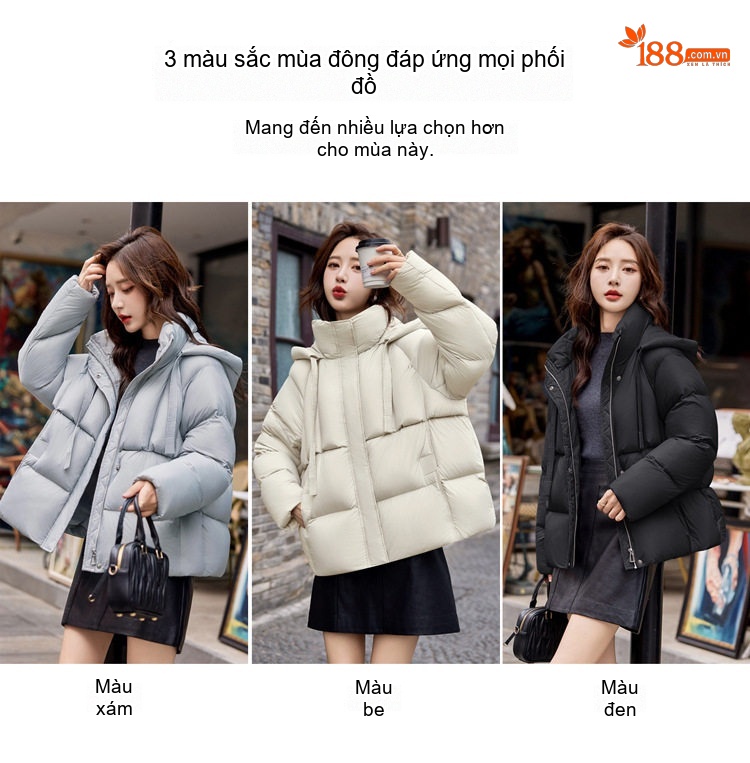 Áo Khoác Phao Nữ Ngắn Dáng Bánh Mì Có Mũ Trùm Đầu Lót Lông Vịt Dày Ấm Áp Màu Trắng, Đen, Xám chi tiết 5