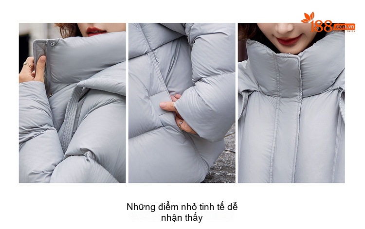 Áo Khoác Phao Nữ Ngắn Dáng Bánh Mì Có Mũ Trùm Đầu Lót Lông Vịt Dày Ấm Áp Màu Trắng, Đen, Xám chi tiết 8