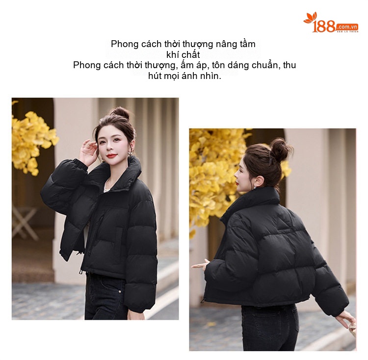 Áo Khoác Phao Nữ Ngắn Dáng Nhỏ Gọn Dày Dặn Ấm Áp Màu Trắng, Đỏ Rượu, Nâu, Đen chi tiết 4
