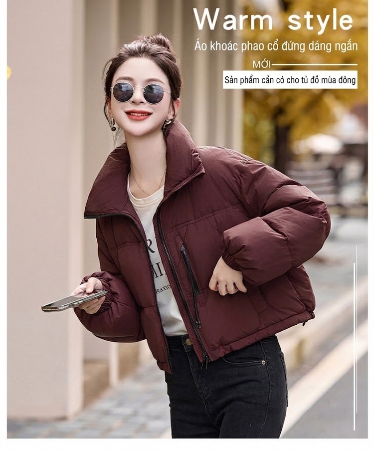 Áo Khoác Phao Nữ Ngắn Dáng Nhỏ Gọn Dày Dặn Ấm Áp Màu Trắng, Đỏ Rượu, Nâu, Đen chi tiết 1