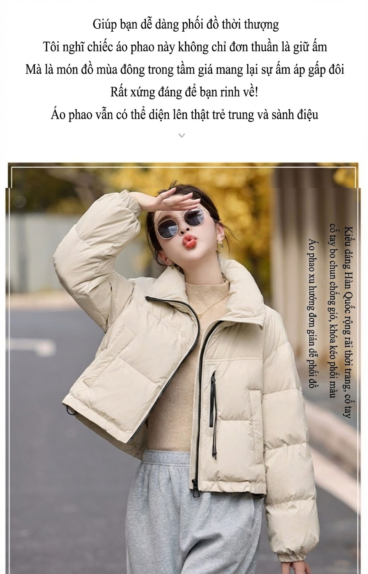 Áo Khoác Phao Nữ Ngắn Dáng Nhỏ Gọn Dày Dặn Ấm Áp Màu Trắng, Đỏ Rượu, Nâu, Đen chi tiết 2
