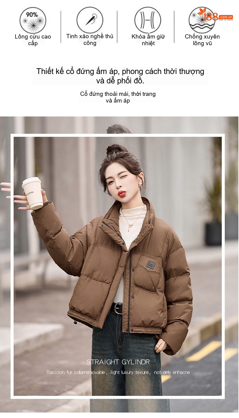 Áo Khoác Phao Nữ Ngắn Dáng Ôm Lông Vịt Trắng Màu Trắng, Nâu, Đen, Đỏ chi tiết 5
