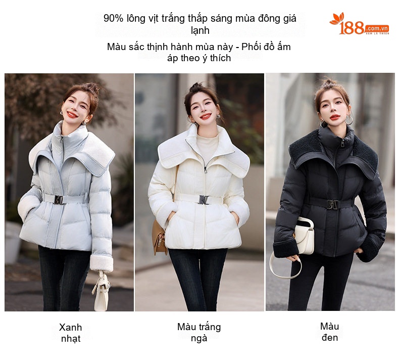 Áo Khoác Phao Nữ Ngắn Dáng Ôm Thắt Eo Lót Lông Vũ Dày Dặn Màu Trắng, Xanh, Đen chi tiết 7