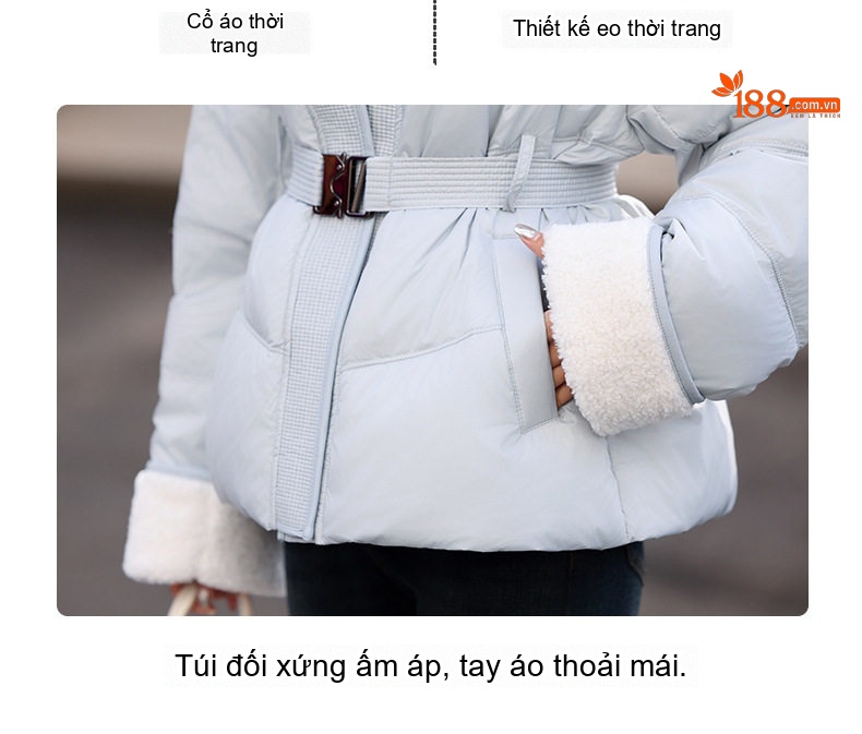 Áo Khoác Phao Nữ Ngắn Dáng Ôm Thắt Eo Lót Lông Vũ Dày Dặn Màu Trắng, Xanh, Đen chi tiết 19