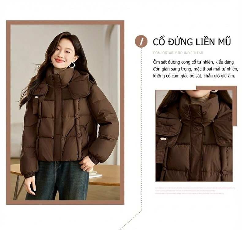 Áo Khoác Phao Nữ Ngắn Dáng Rộng Bo Gấu Lót Lông Vũ Trắng Màu Đen, Nâu chi tiết 4