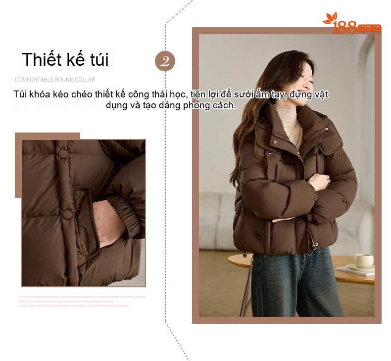 Áo Khoác Phao Nữ Ngắn Dáng Rộng Bo Gấu Lót Lông Vũ Trắng Màu Đen, Nâu chi tiết 5