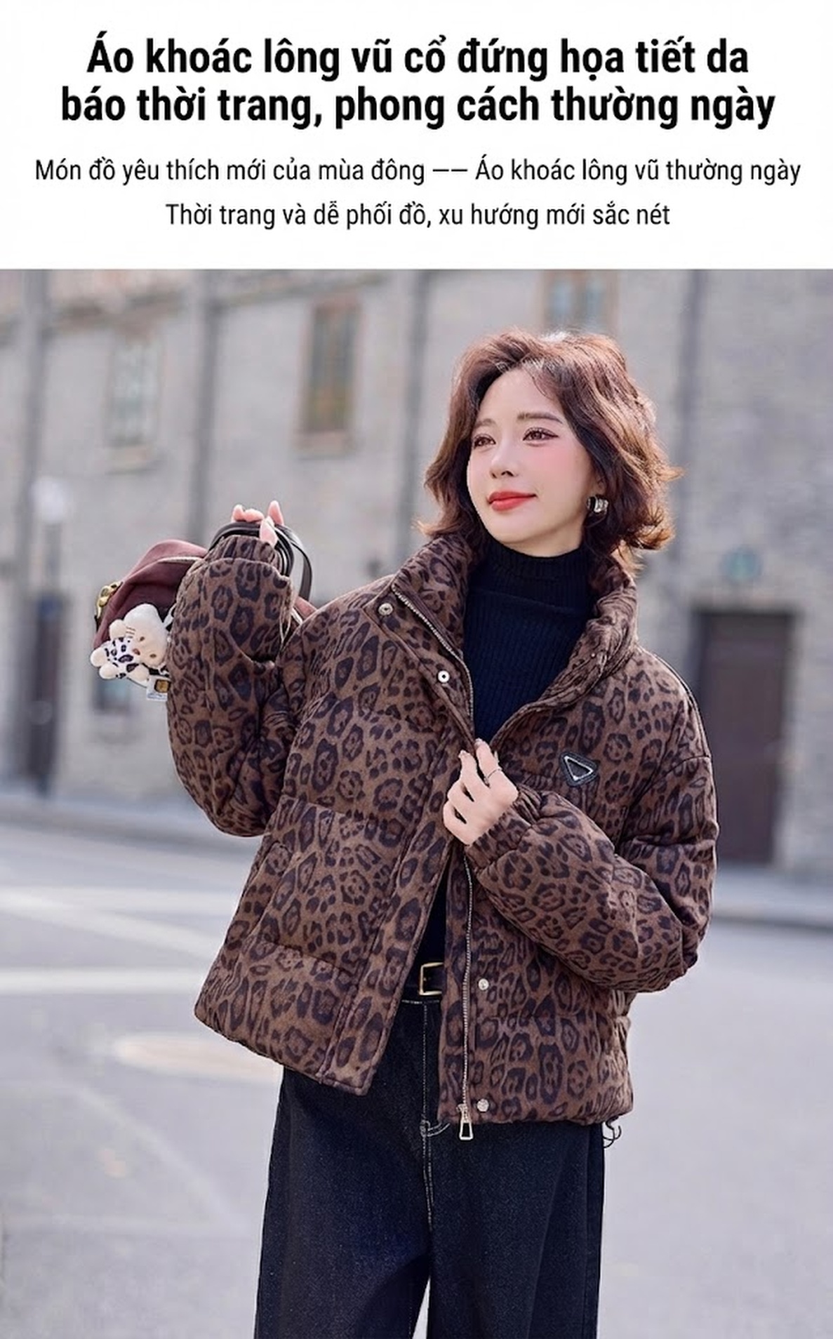 Áo Khoác Phao Nữ Ngắn Họa Tiết Da Báo Thời Trang chi tiết 7