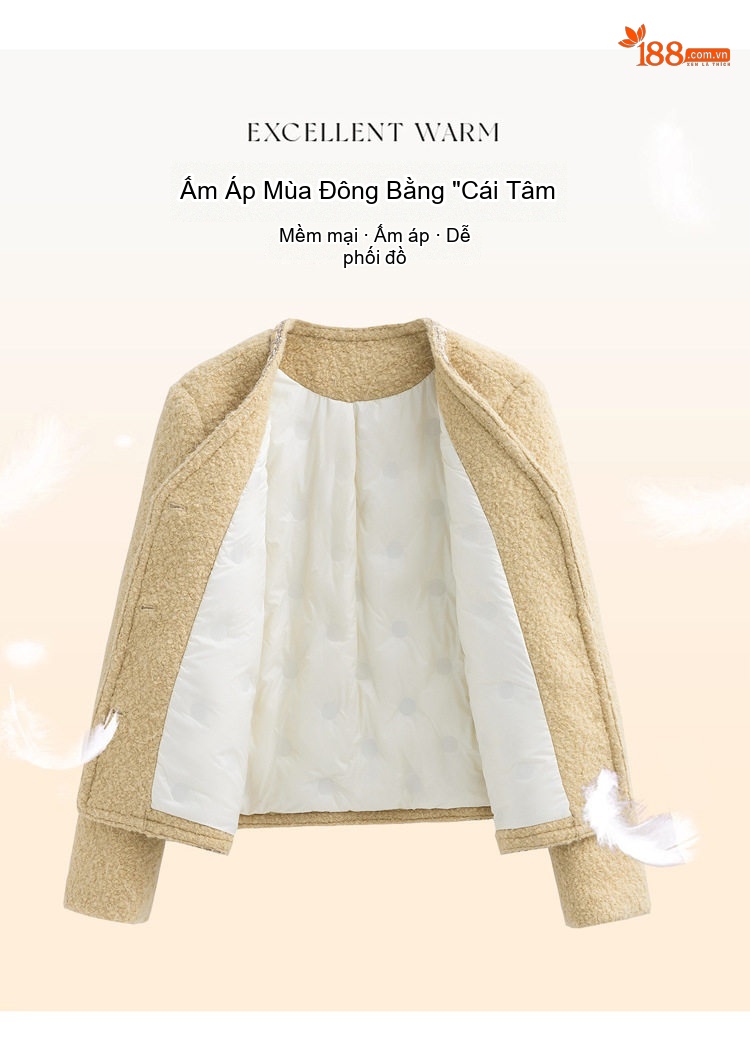 Áo Khoác Phao Nữ Ngắn Lông Vũ Trắng Dáng Tiểu Thư Màu Vàng, Đen chi tiết 5