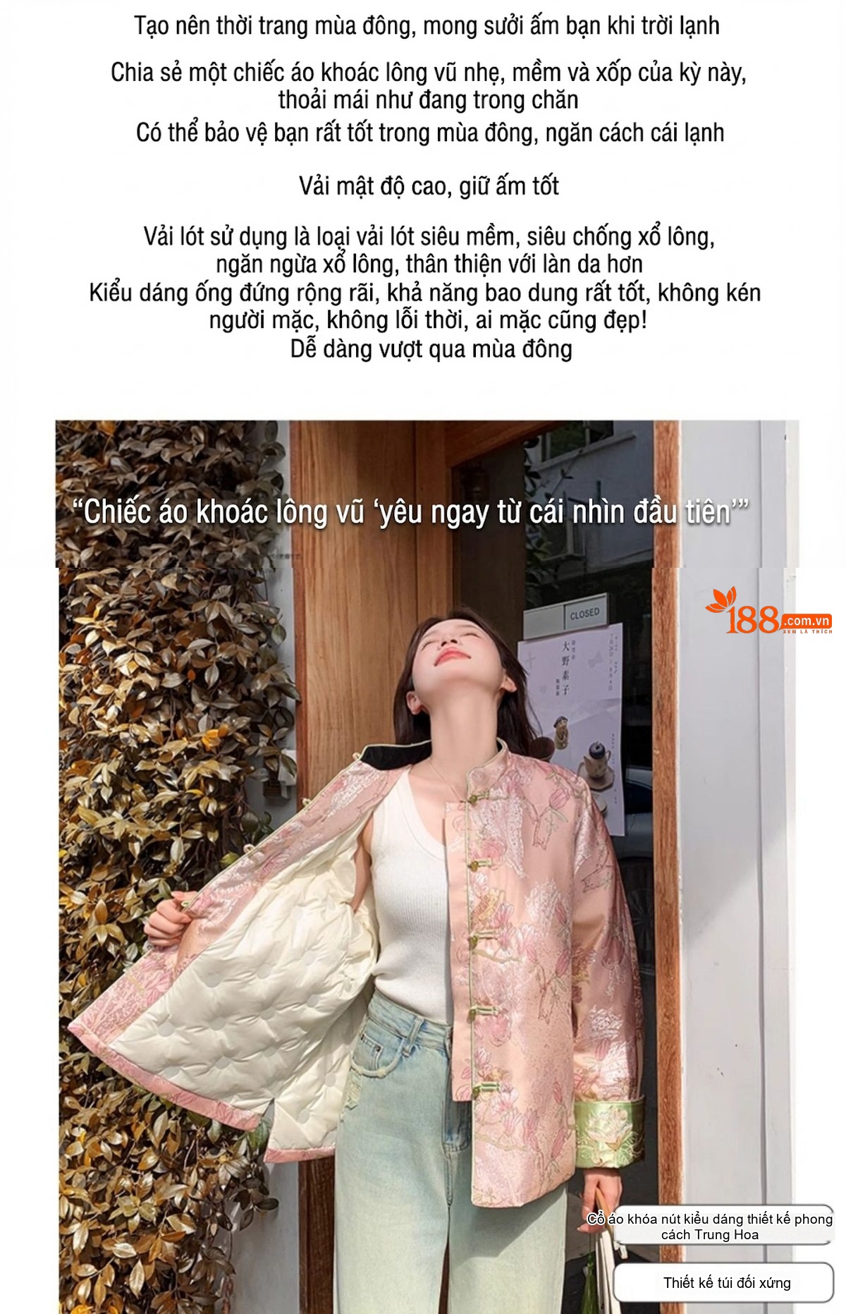 Áo Khoác Phao Nữ Ngắn Phong Cách Trung Hoa Cổ Điển Lót Lông Vũ Vịt Trắng Màu Hồng chi tiết 3