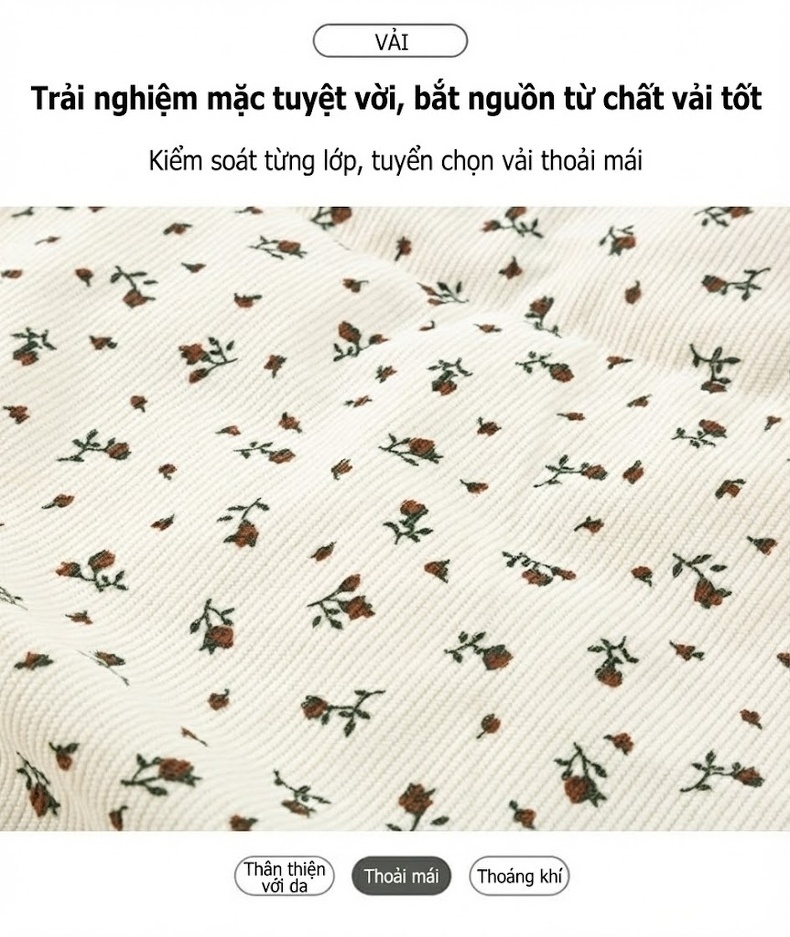 Áo Khoác Phao Nữ Ngắn Tay Bồng Họa Tiết Hoa Nhỏ Dày Dặn Giữ Ấm Phong Cách Hàn Quốc Màu Trắng Kem, Đen chi tiết 8
