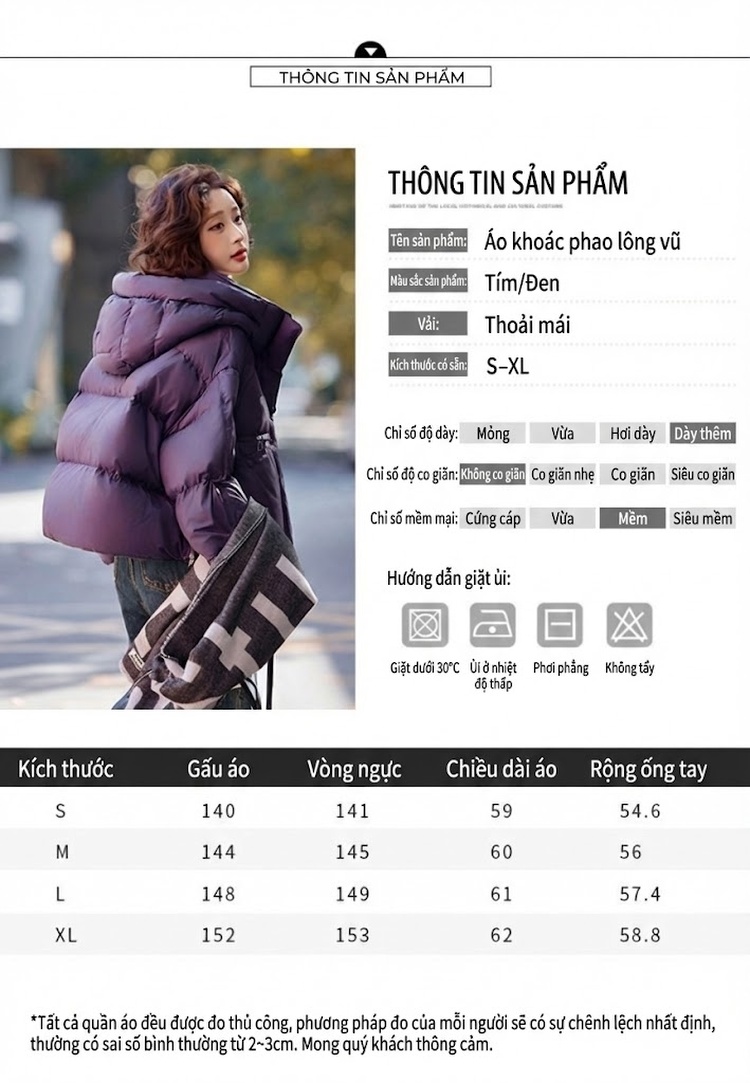 Áo Khoác Phao Nữ Ngắn Tay Dài Có Mũ Lót Lông Vịt Dày Dặn Màu Đen, Tím chi tiết 1