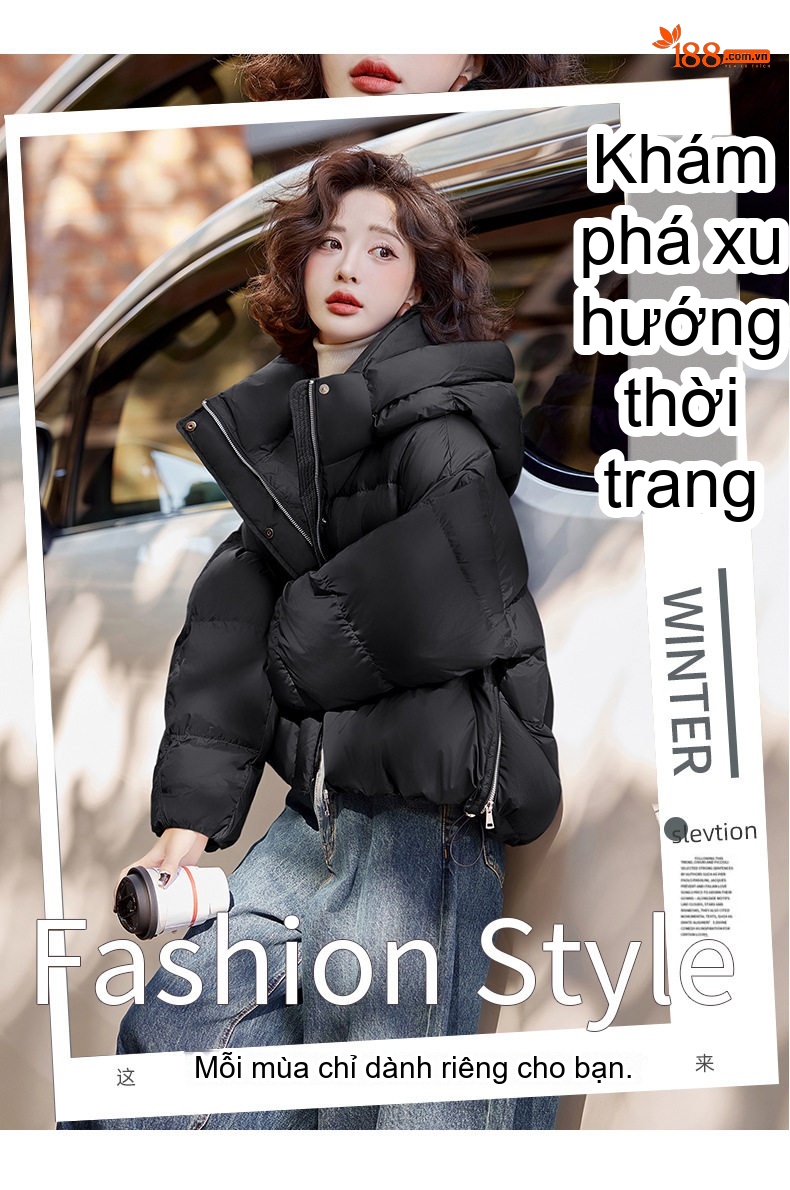 Áo Khoác Phao Nữ Ngắn Tay Dài Có Mũ Lót Lông Vịt Dày Dặn Màu Đen, Tím chi tiết 5