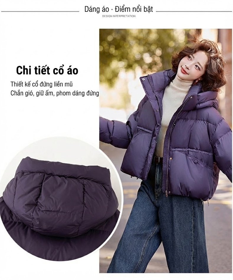 Áo Khoác Phao Nữ Ngắn Tay Dài Có Mũ Lót Lông Vịt Dày Dặn Màu Đen, Tím chi tiết 10