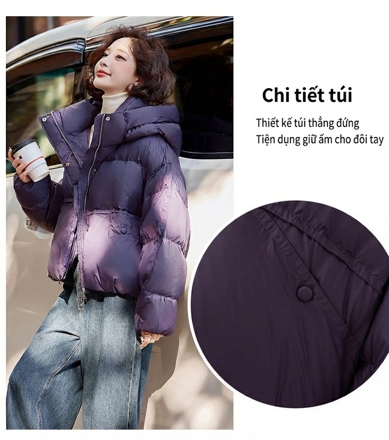 Áo Khoác Phao Nữ Ngắn Tay Dài Có Mũ Lót Lông Vịt Dày Dặn Màu Đen, Tím chi tiết 11