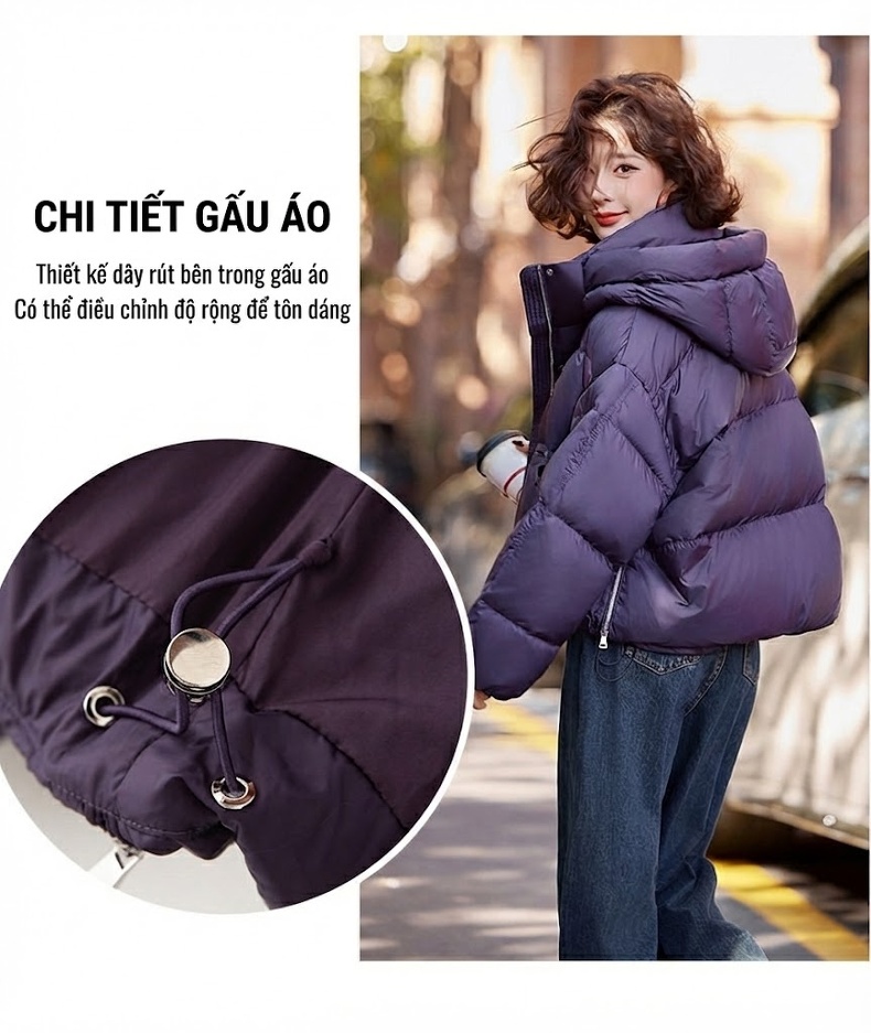 Áo Khoác Phao Nữ Ngắn Tay Dài Có Mũ Lót Lông Vịt Dày Dặn Màu Đen, Tím chi tiết 12
