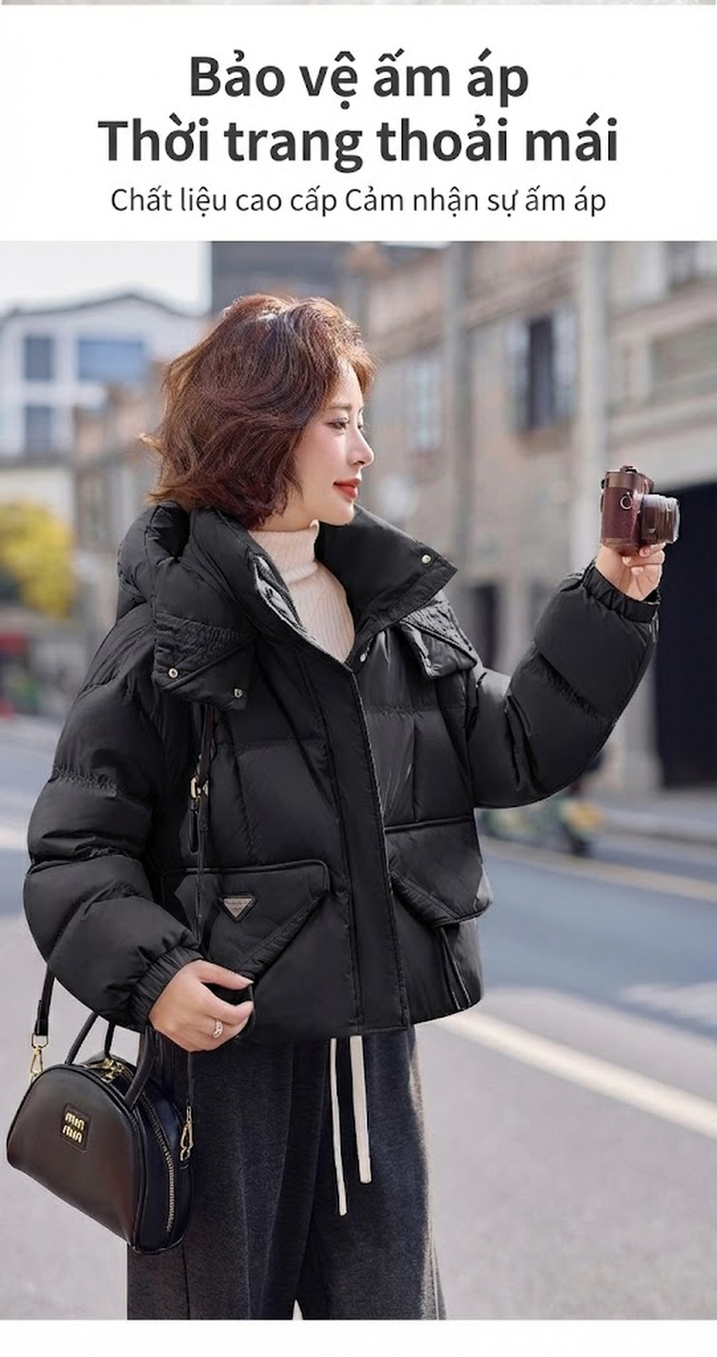 Áo Khoác Phao Nữ Ngắn Tay Dáng Bánh Mì Dày Dặn Vải Gió Màu Kem, Tím, Đen chi tiết 10