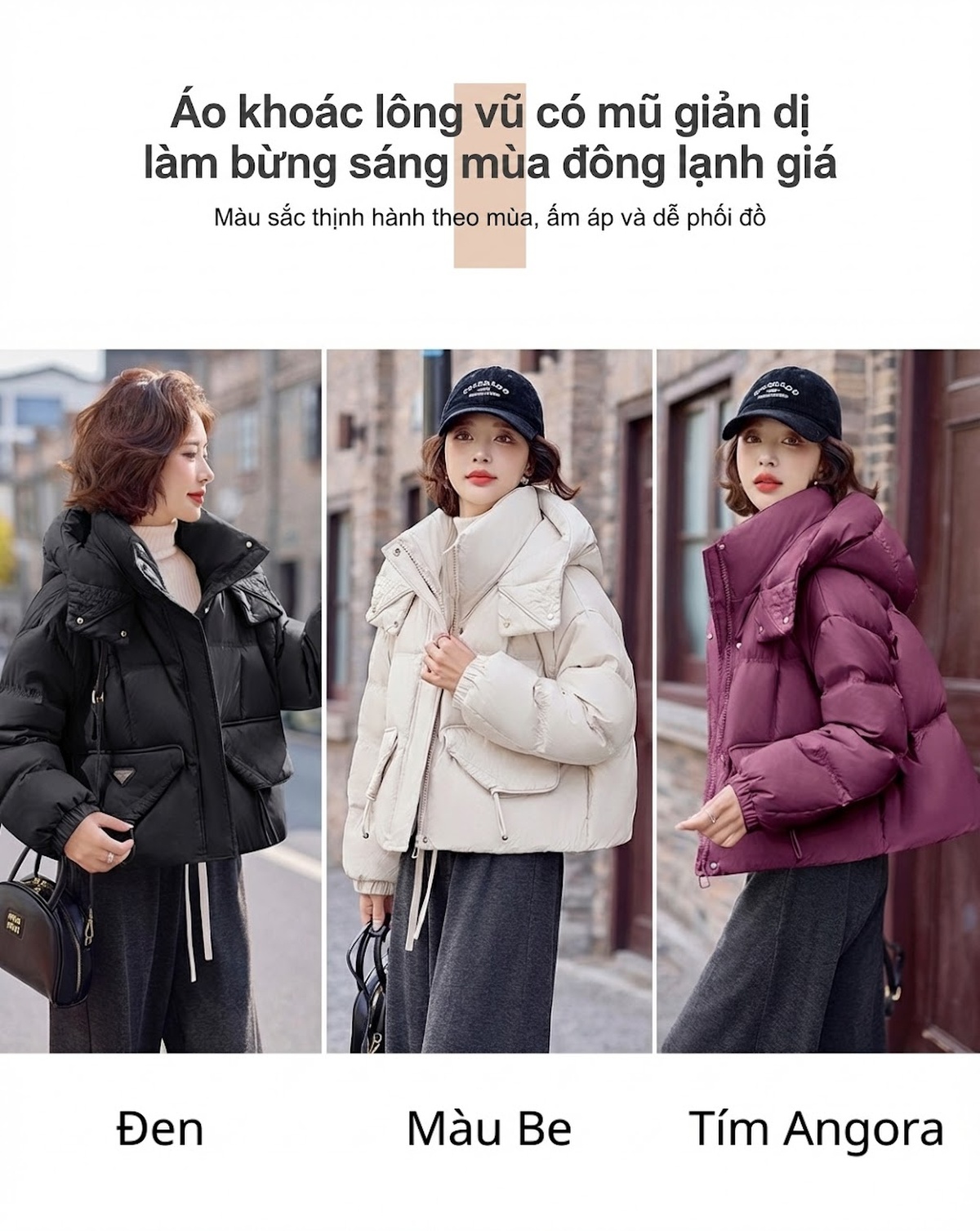 Áo Khoác Phao Nữ Ngắn Tay Dáng Bánh Mì Dày Dặn Vải Gió Màu Kem, Tím, Đen chi tiết 5