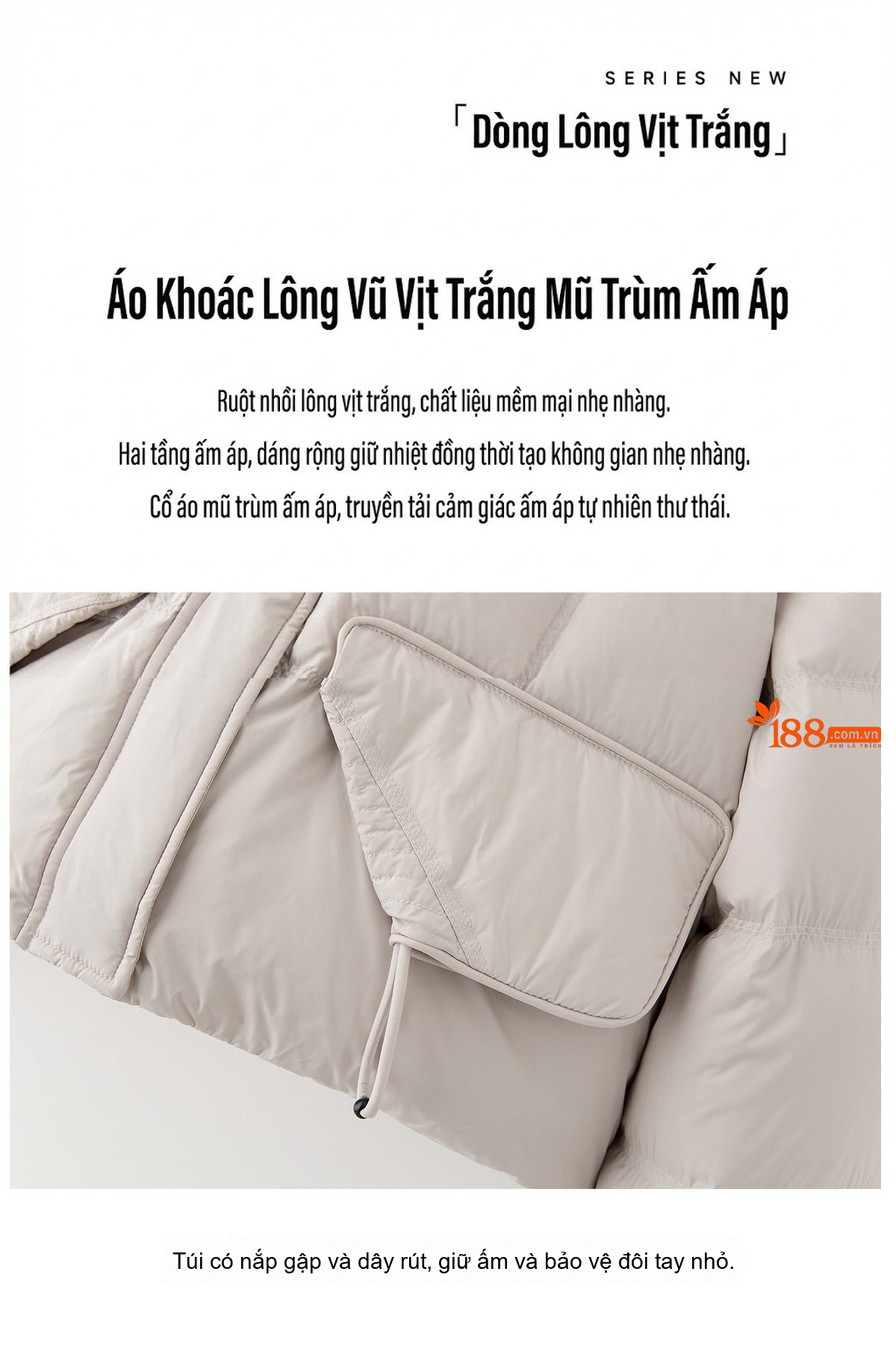 Áo Khoác Phao Nữ Ngắn Tay Dáng Bánh Mì Dày Dặn Vải Gió Màu Kem, Tím, Đen chi tiết 6