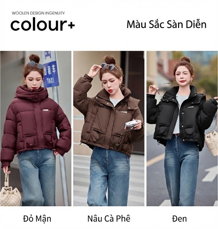 Áo Khoác Phao Nữ Ngắn Tay Dáng Bánh Mì Lông Vịt Trắng Màu Đỏ, Nâu, Đen chi tiết 13