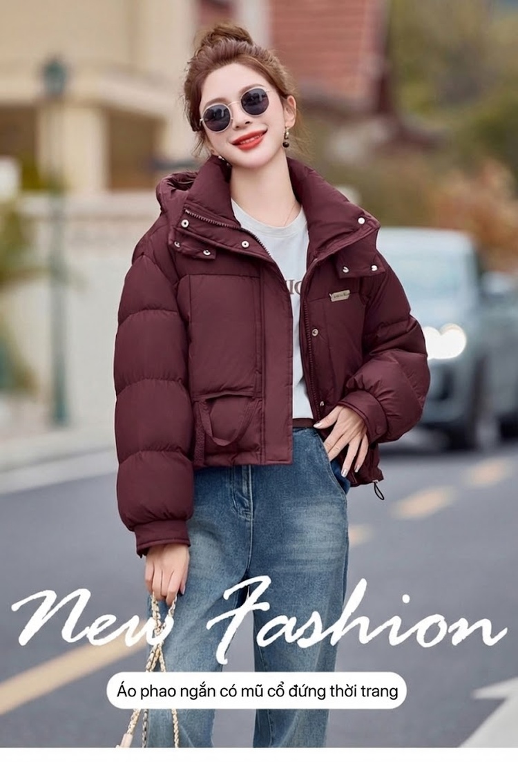 Áo Khoác Phao Nữ Ngắn Tay Dáng Bánh Mì Lông Vịt Trắng Màu Đỏ, Nâu, Đen chi tiết 2