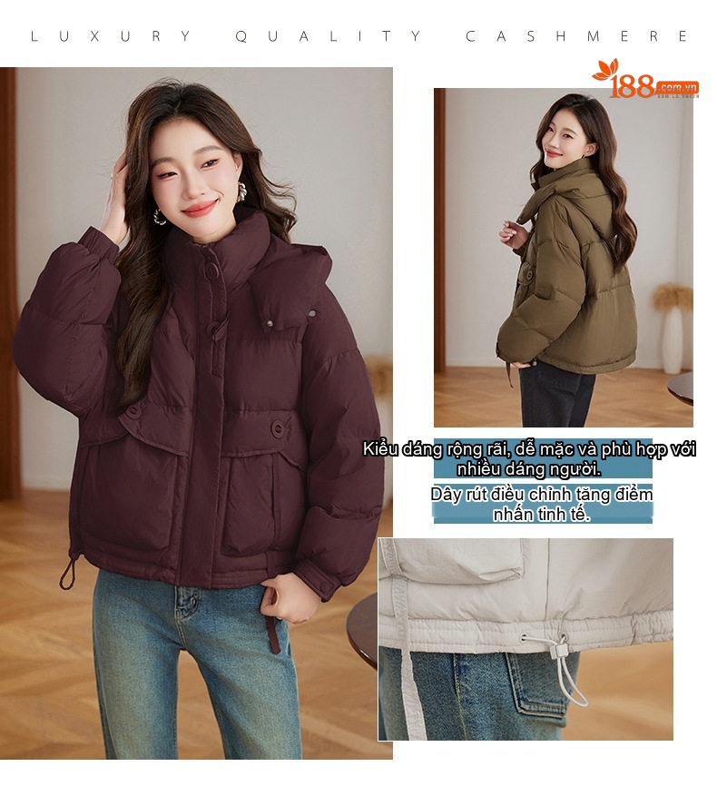 Áo Khoác Phao Nữ Ngắn Tay Dáng Bomber Thiết Kế Thời Trang Cao Cấp Màu Đen, Nâu, Xám, Kem chi tiết 1
