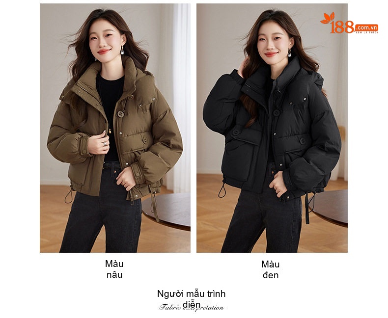 Áo Khoác Phao Nữ Ngắn Tay Dáng Bomber Thiết Kế Thời Trang Cao Cấp Màu Đen, Nâu, Xám, Kem chi tiết 9