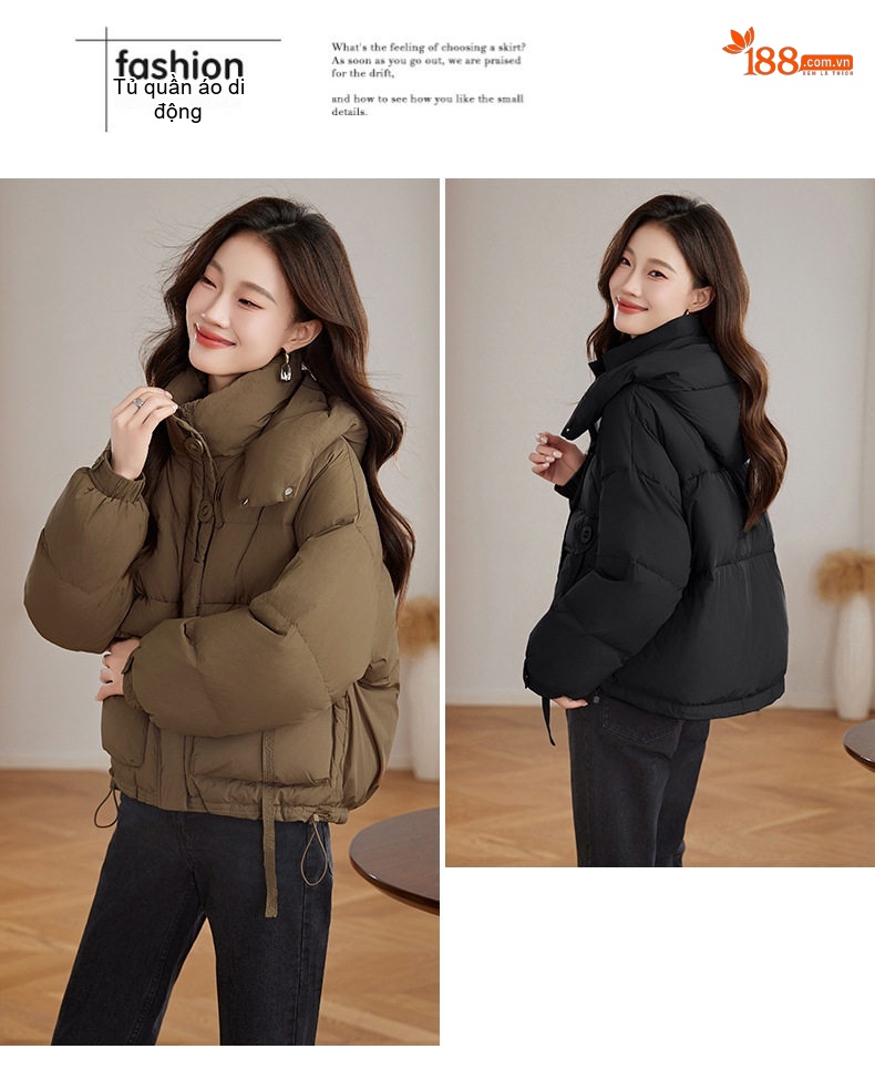 Áo Khoác Phao Nữ Ngắn Tay Dáng Bomber Thiết Kế Thời Trang Cao Cấp Màu Đen, Nâu, Xám, Kem chi tiết 28