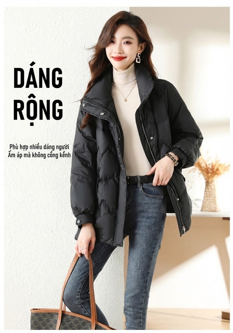 Áo Khoác Phao Nữ Ngắn Tay Dáng Bomber Trẻ Trung Ấm Áp Màu Đen, Trắng chi tiết 8