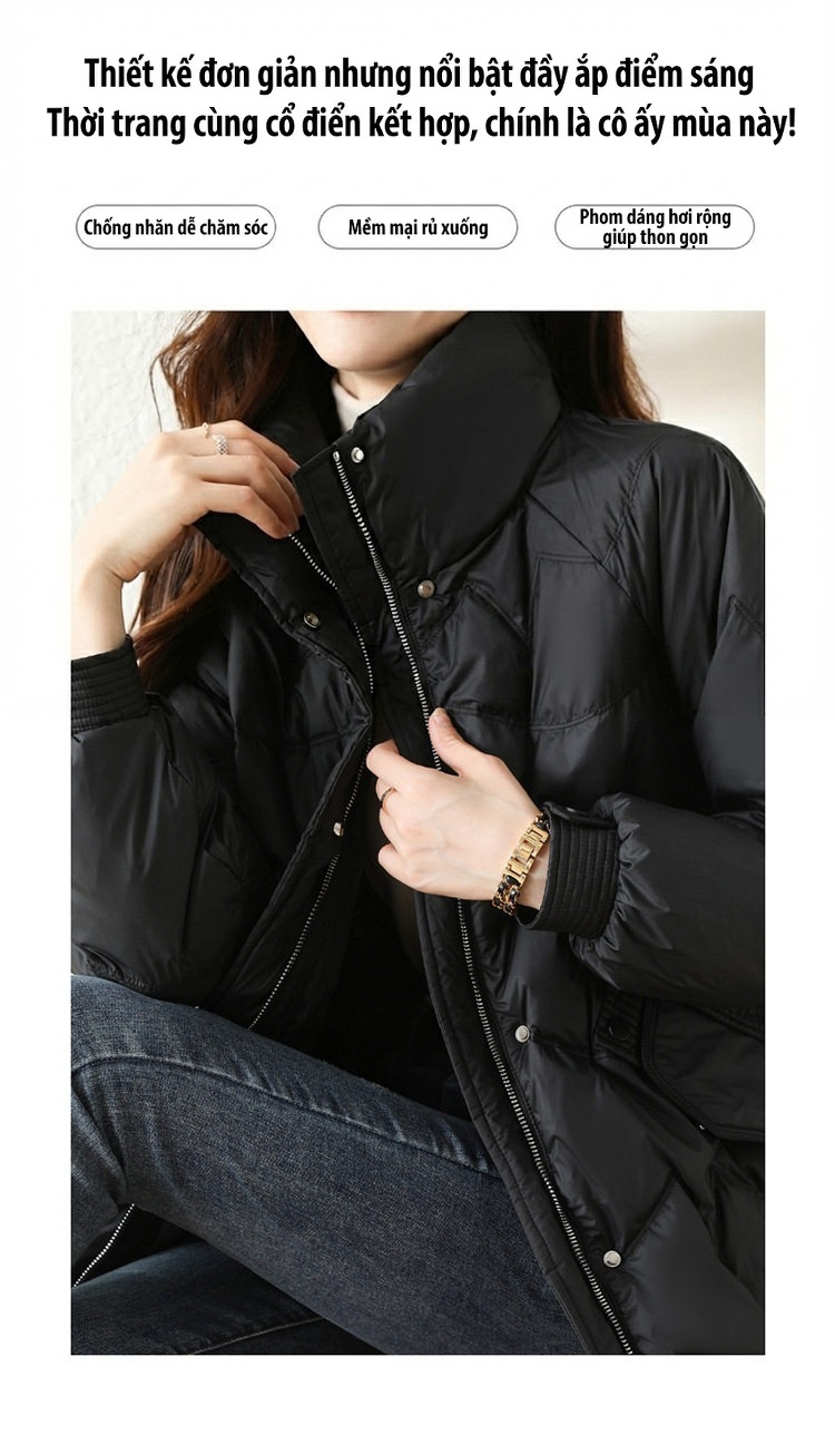 Áo Khoác Phao Nữ Ngắn Tay Dáng Bomber Trẻ Trung Ấm Áp Màu Đen, Trắng chi tiết 3
