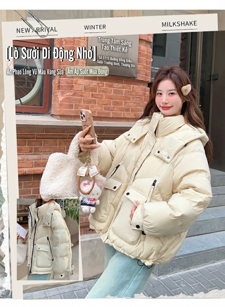 Áo Khoác Phao Nữ Ngắn Tay Dáng Hàn Quốc Có Mũ Lót Lông Vịt Trắng 90 Màu Vàng Kem chi tiết 2