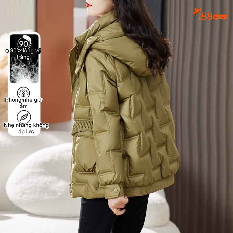 Áo Khoác Phao Nữ Ngắn Tay Dáng Nhỏ Cao Cấp Thời Trang Có Mũ Trùm Đầu Dày Dặn Lót Lông Vũ Trắng Màu Xanh Olive