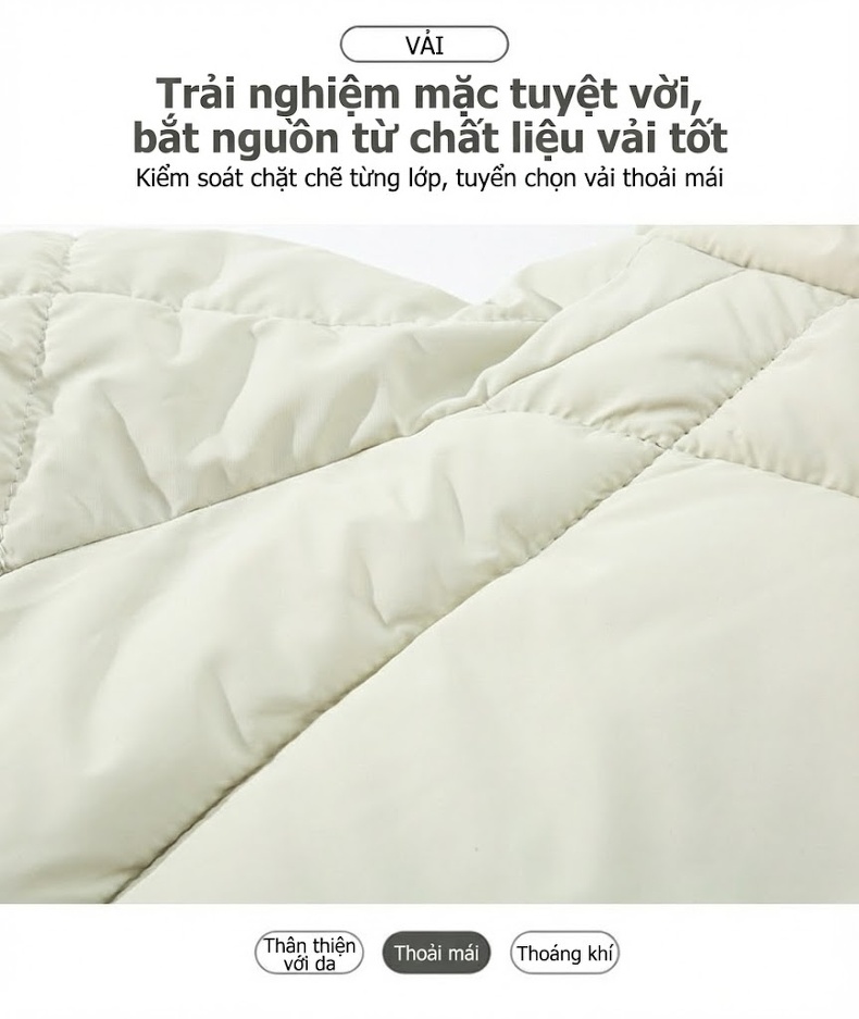 Áo Khoác Phao Nữ Ngắn Tay Dáng Rộng Có Mũ Trùm Đầu Thiết Kế Khóa Gài Màu Trắng Kem, Đen, Hồng, Cam chi tiết 8
