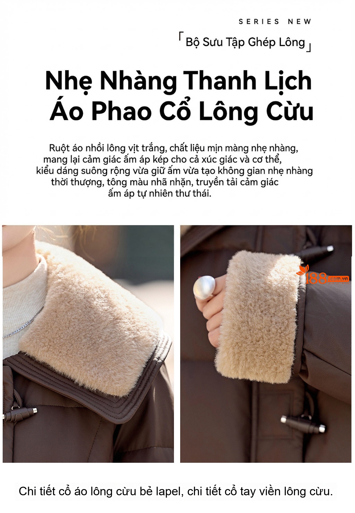 Áo Khoác Phao Nữ Ngắn Tay Lỡ Lông Cừu Dày Dặn Màu Đen, Nâu chi tiết 3