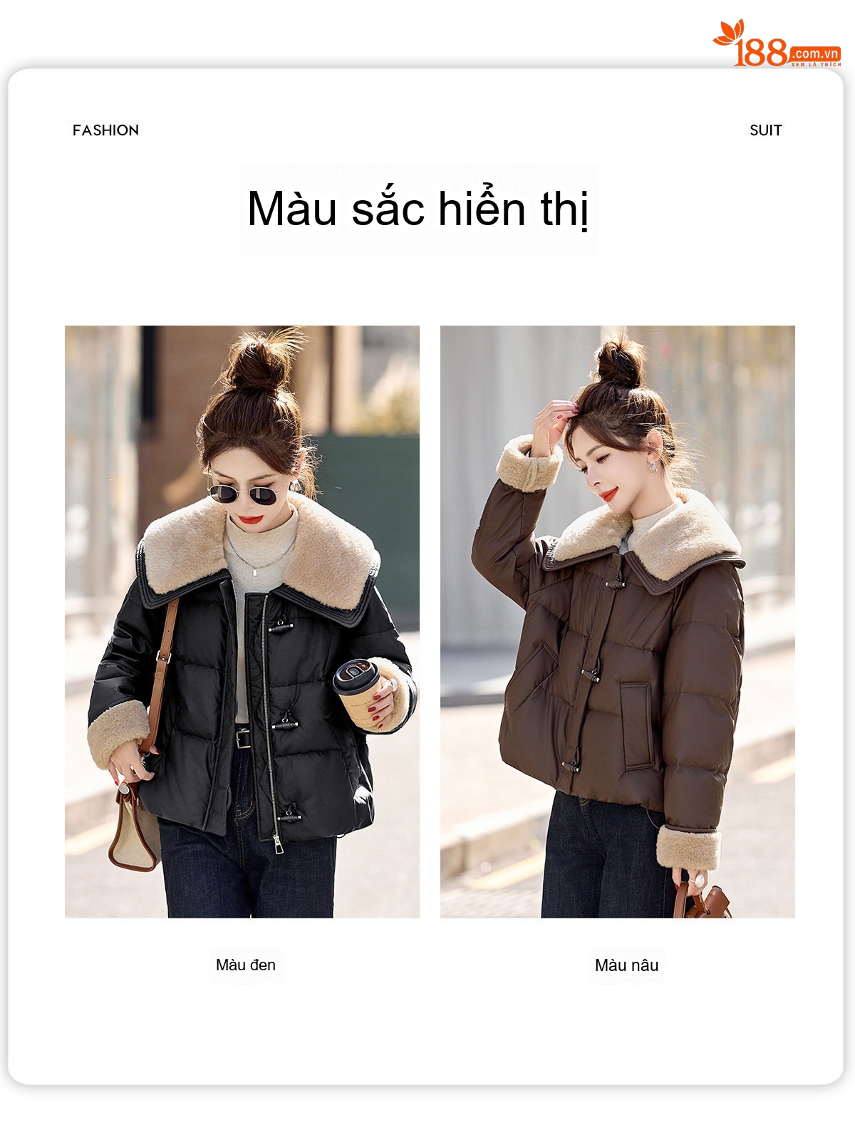 Áo Khoác Phao Nữ Ngắn Tay Lỡ Lông Cừu Dày Dặn Màu Đen, Nâu chi tiết 4