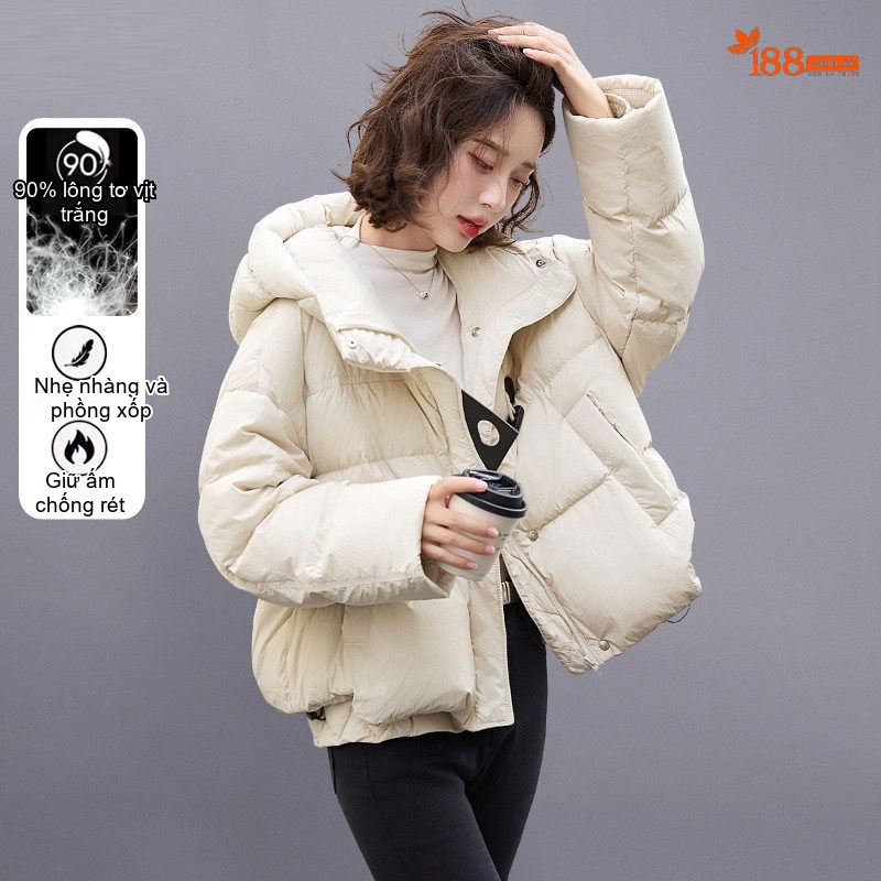 Áo Khoác Phao Nữ Ngắn Tay Lỡ Lông Vũ Trắng Dáng Rộng Phong Cách Hàn Quốc Màu Trắng, Nâu, Đen