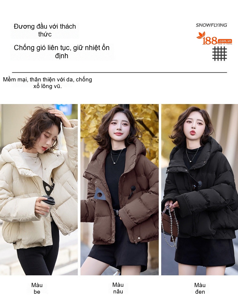 Áo Khoác Phao Nữ Ngắn Tay Lỡ Lông Vũ Trắng Dáng Rộng Phong Cách Hàn Quốc Màu Trắng, Nâu, Đen chi tiết 13