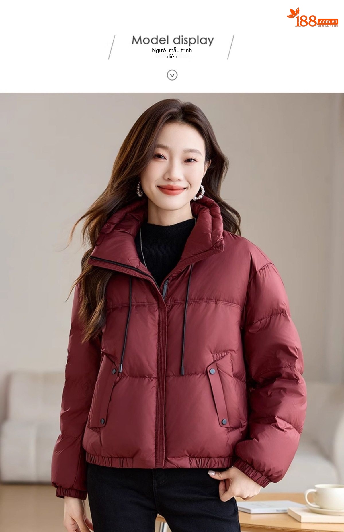 Áo Khoác Phao Nữ Ngắn Tay Phom Rộng Áo Bánh Mì Lông Vũ Trắng Màu Đỏ, Nâu chi tiết 16