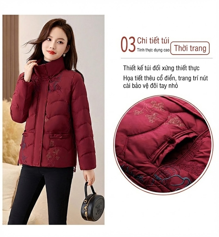 Áo Khoác Phao Nữ Ngắn Tay Thiết Kế Cổ Điển Lót Lông Vũ Trắng Màu Đỏ, Xanh chi tiết 9