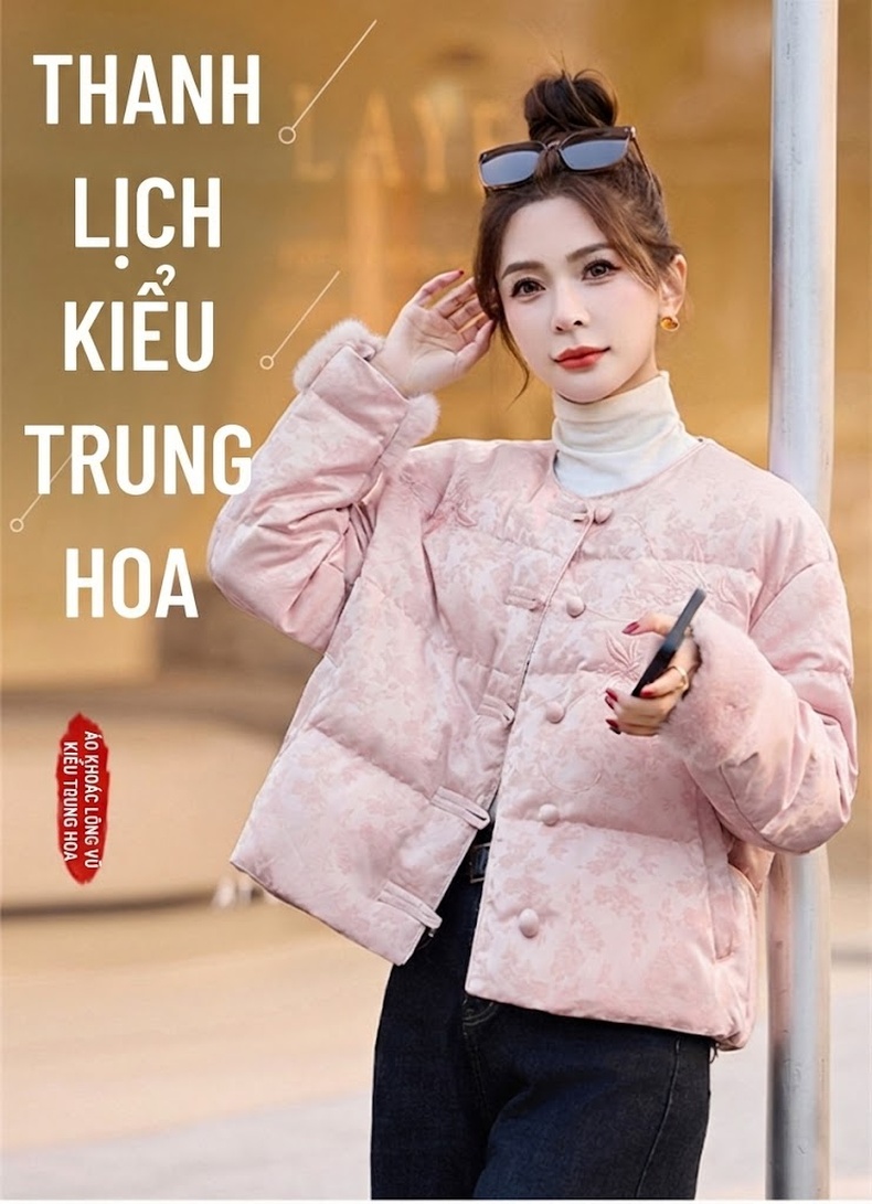 Áo Khoác Phao Nữ Ngắn Tay Thiết Kế Cổ Điển Quốc Phong Bạch Áp Nhung Màu Trắng, Hồng chi tiết 1